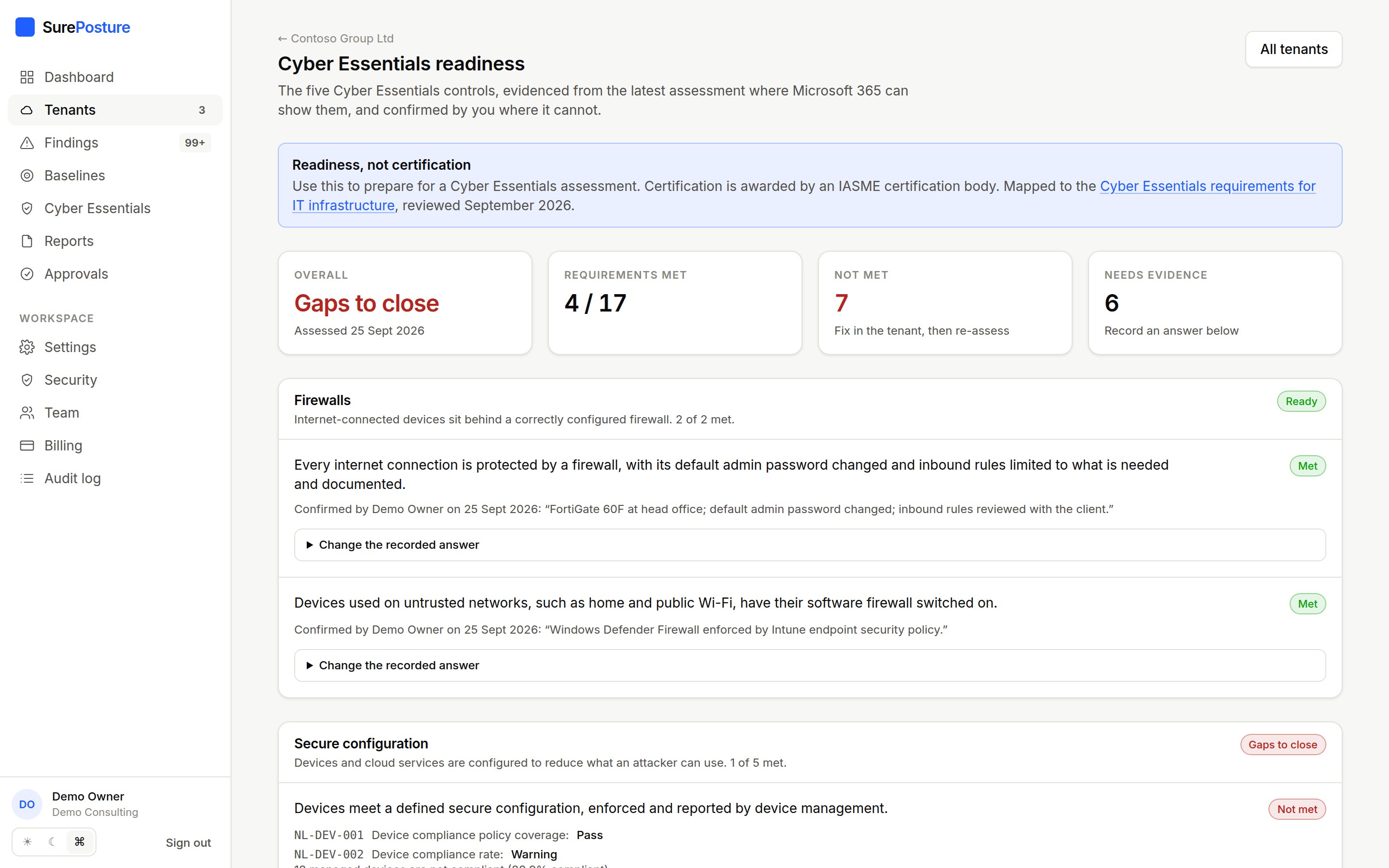 Cyber Essentials readiness for a tenant: the five controls, requirements evidenced from Microsoft 365, and answers recorded by the consultant